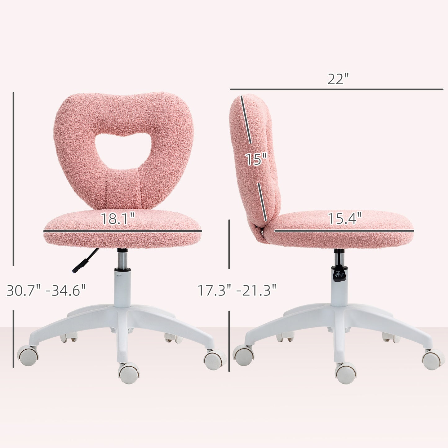 Armless Computer Desk Chair, Office Task Chair, Teddy Fleece Heart Makeup Vanity Chair With Swivel Wheels