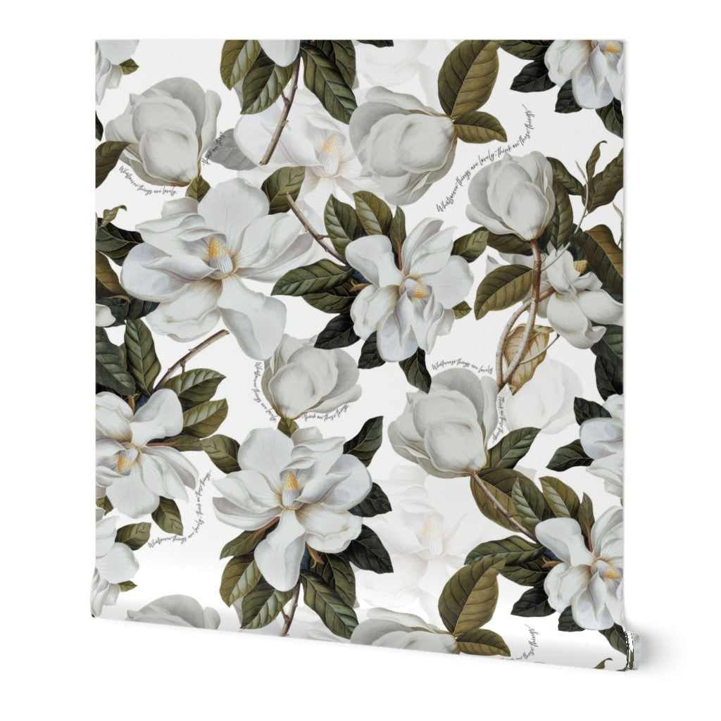 White Lovely Magnolias- with Philippians 4:8 Scripture Wallpaper