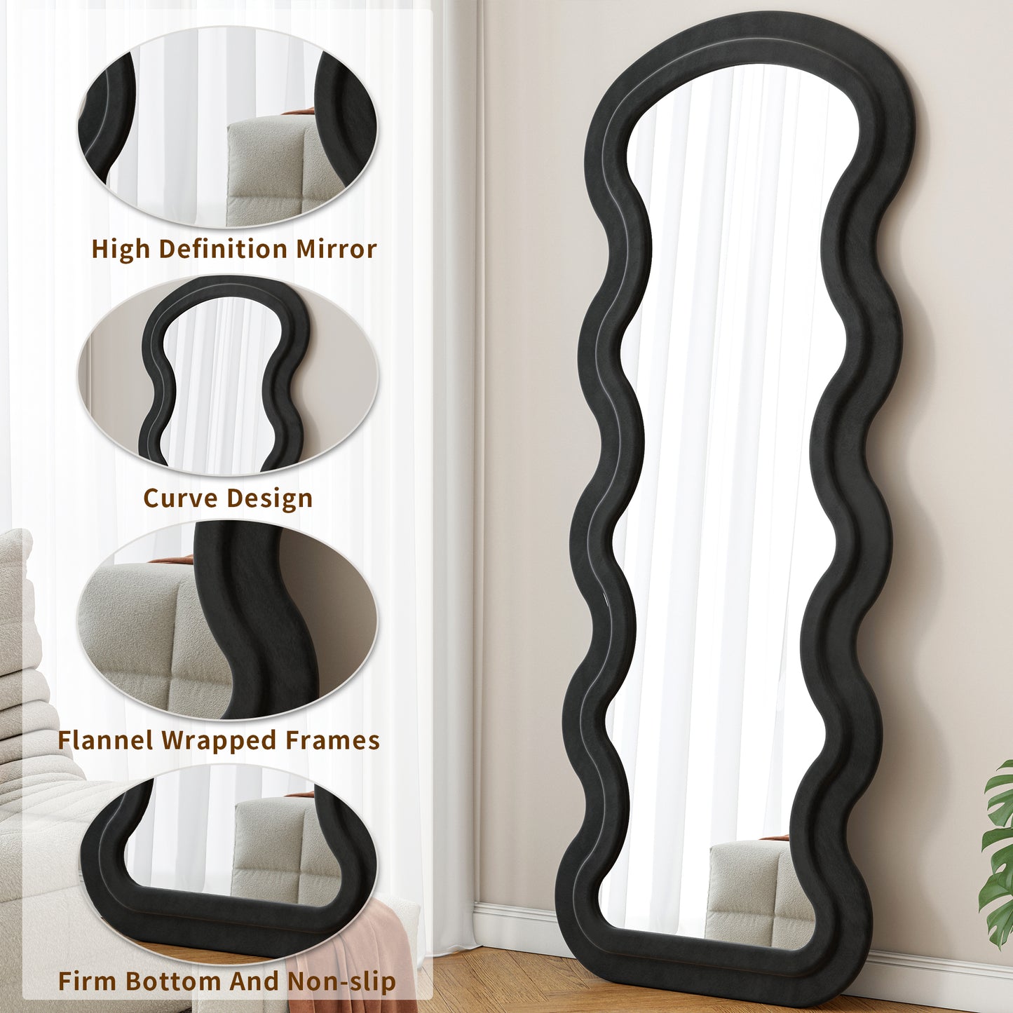 Flannel Full Length Wave  Floor Mirror  For Bedroom Living Room Hanging Or Against The Wall Black