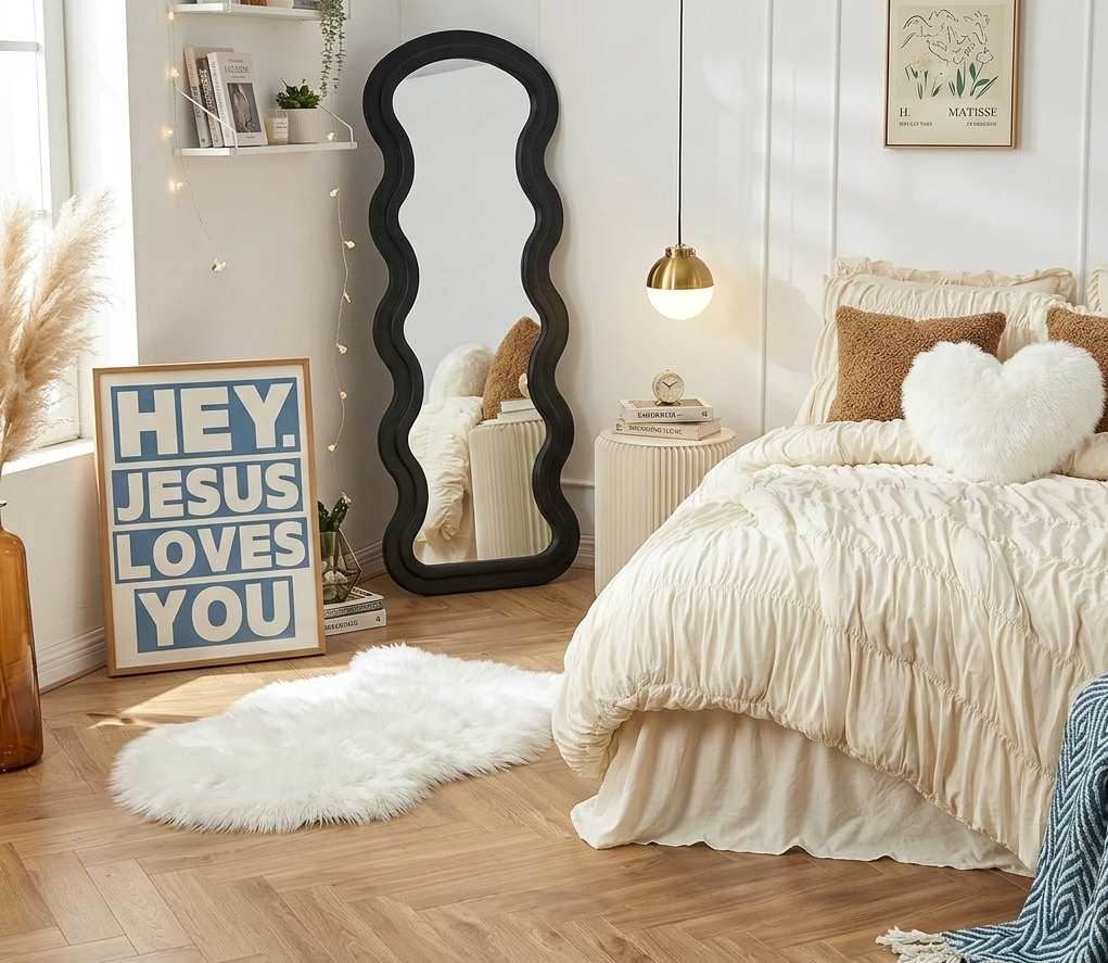 Flannel Full Length Wave  Floor Mirror  For Bedroom Living Room Hanging Or Against The Wall Black