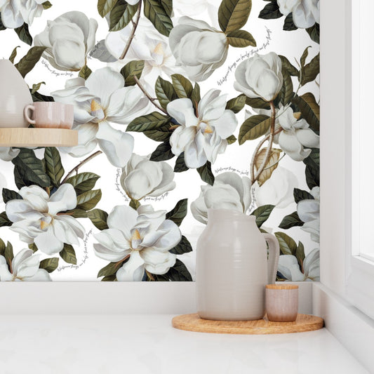 White Lovely Magnolias- with Philippians 4:8 Scripture Wallpaper
