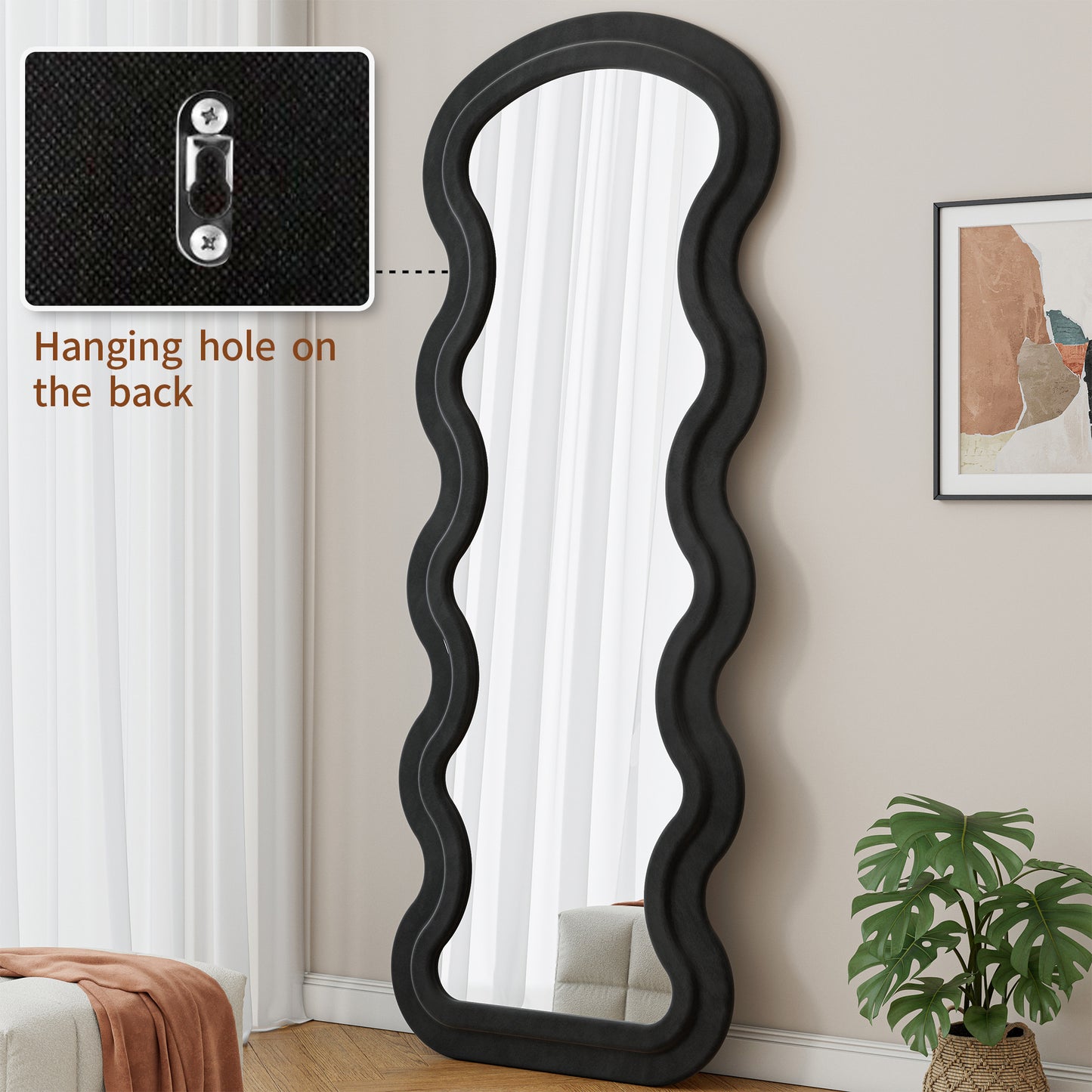 Flannel Full Length Wave  Floor Mirror  For Bedroom Living Room Hanging Or Against The Wall Black