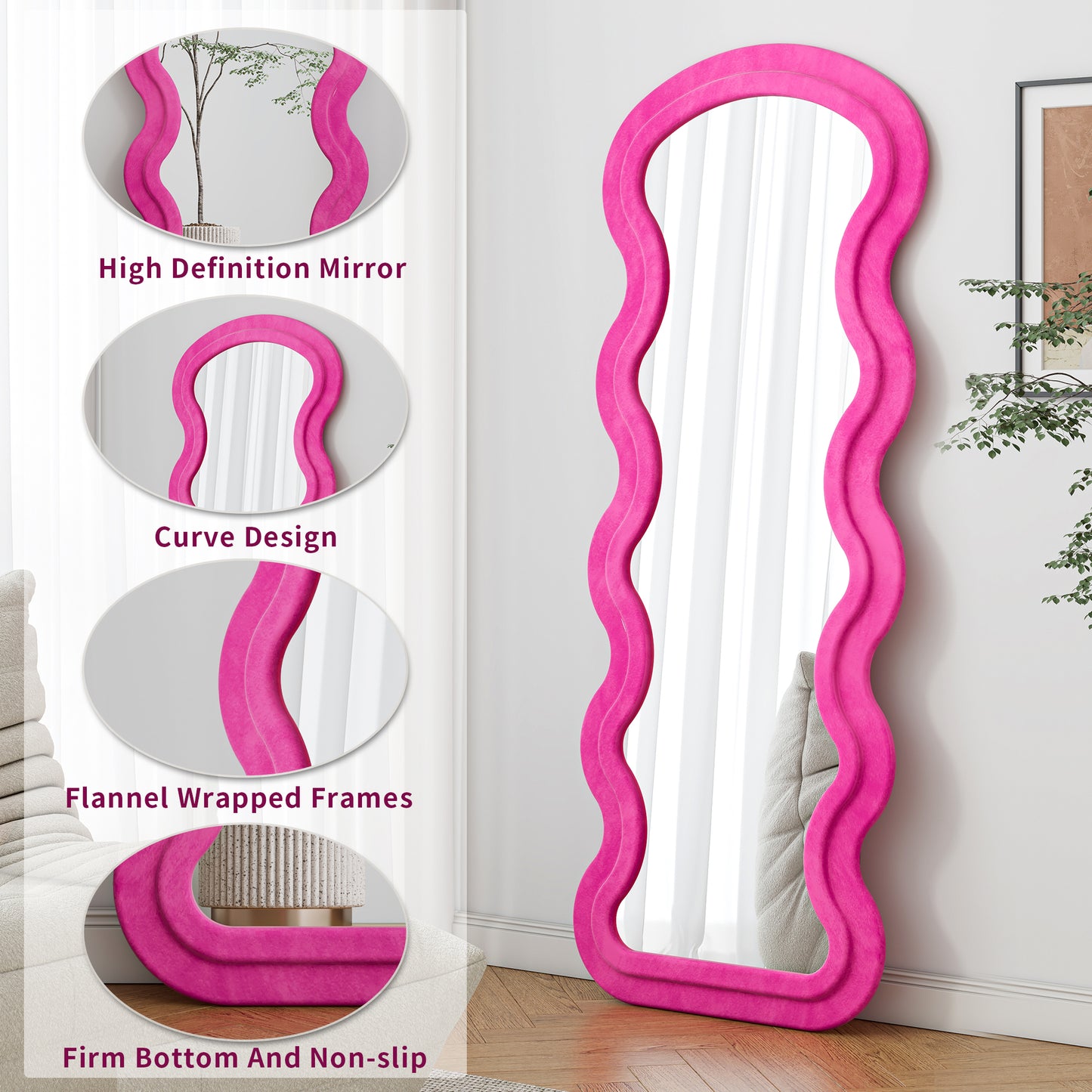 Flannel Full Length Wave Rose Floor Mirror  For Bedroom Living Room Hanging Or Against The Wall